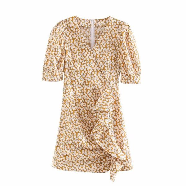 

2020 women v neck flower print ruffles mini dress chic office lady puff sleeve kimono vestidos casual slim a line dresses ds3827, Black;gray