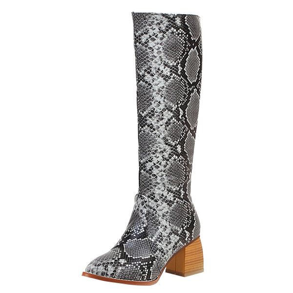 

vintage women boots fashion pure color round toe zipper knees high boots square heels plus size 43 shoes zapatos de mujer, Black