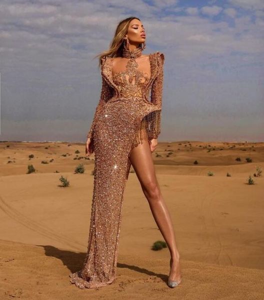 

evening dress yousef aljasmi high neck champagine tassel sequines pearl floor length long sleeve zipper, Black;pink