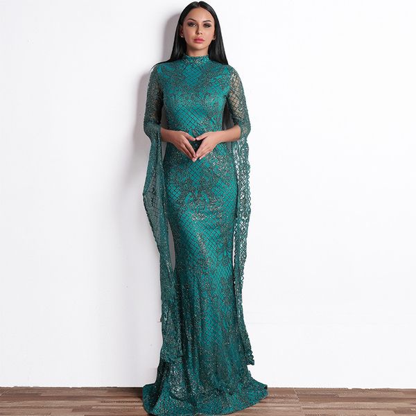 

sparkly prom dresses high neck long sleeve sequins appliques mermaid zipper back evening dress chic in stock party wear, Black