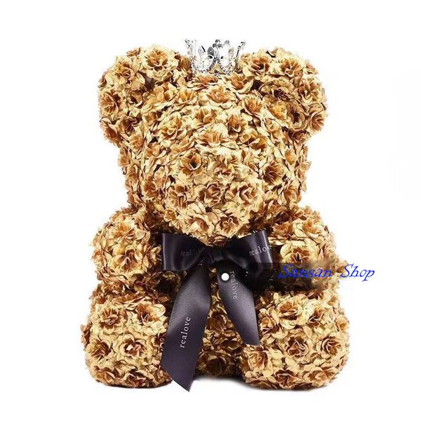 Golden / Silver Silk Rose Bear Flower Bear Teddy Everlasting Rosa 40cm Silk Flower Presente Textiled Teddy Boneca Docoração Docoration Urso Adorável Presente