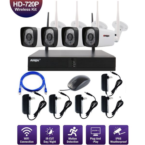 

anspo 4 4ch wifi wireless security camera system nvr 960p ноного видени ик-cut cctv главна камеѬ наблден