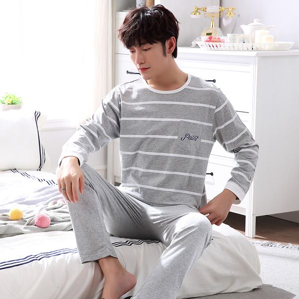 

2019 new men pajama set long sleeve cotton man pyjamas plus cartoon lounge casual pajama plaid sleepwear sets, Black;brown