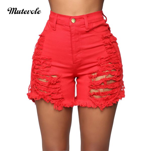 

mutevole fashion high waist ripped denim shorts women summer hollow out jeans shorts casual solid red denim jeans, Blue