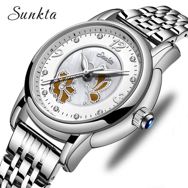 

2020sunkta ladies watches women brand wrist watch woman stainless steel band female dress clock + box, Slivery;brown