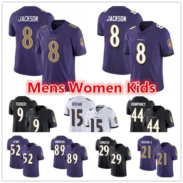 

mens women youth baltimore ravens jersey 8 lamar jackson 9 justin tucker 15 marquise brown mark ingram marlon humphrey football jerseys, Black;red