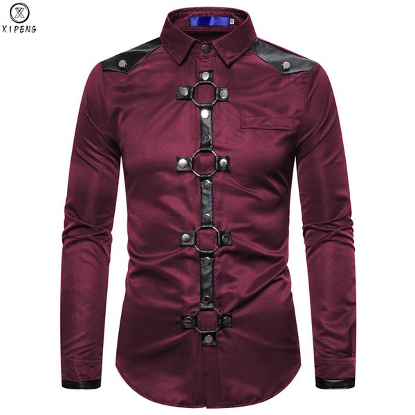 

men's casual shirts shirt men gothic style rivet solid color cargo slim fit chemise noel party singer stage streetwear for clothing, White;black