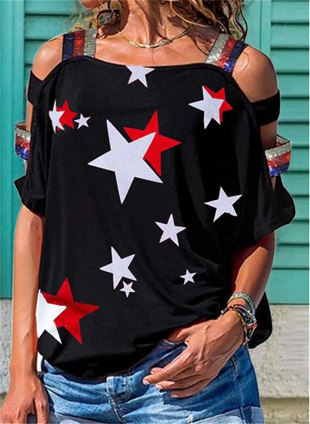

designer female pentagram printed strapless short sleeve shirts fashion plus size tshirts women's clothing drop suspender sleeve tees, White