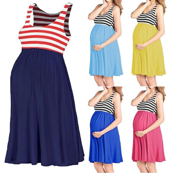 

maternity dresses womens sleeveless side ruched stripe splice pregnancy classic summer clothes nursing dress 2021, White