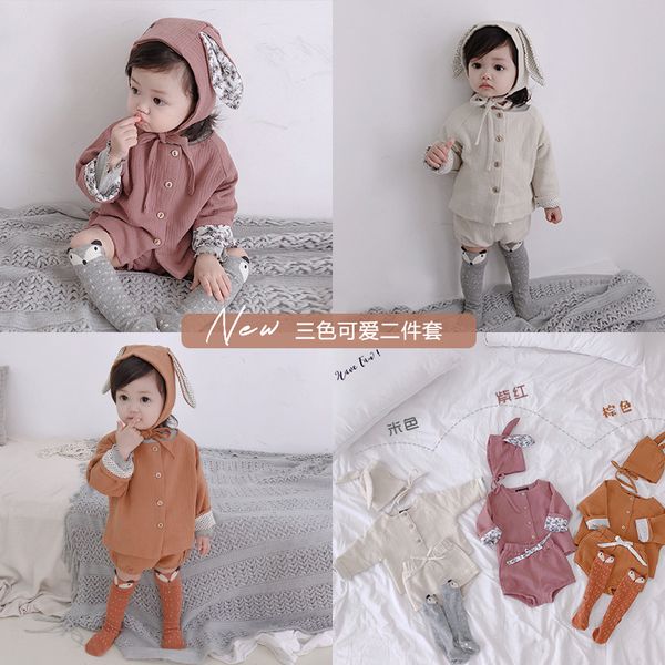 

2020 autumn new baby girls lovely floral lined with gold ear hat children cotton soft coat and shorts two piece sets, White