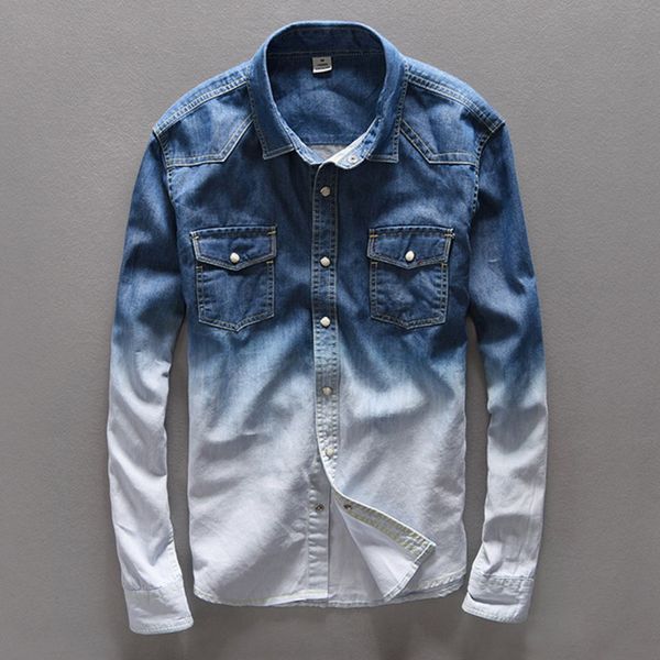 

denim shirt spring and autumn men's cotton denim shirt gradual wash men's slim long sleeve lapel 367, White;black