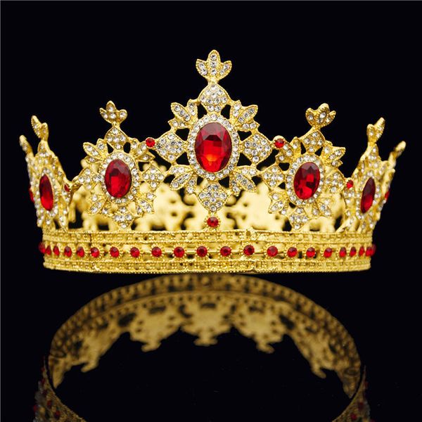 

барокко королевская королева король тиара корона для мужской свадьбы украшения для волос красный кристалл круглый диадема золото аксессуары, Slivery;golden