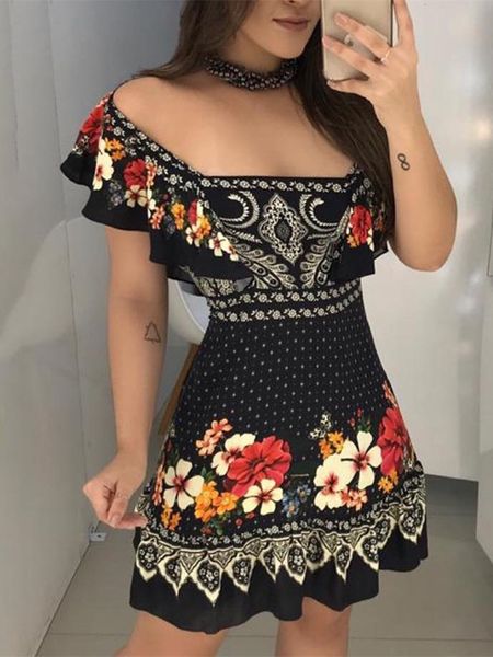 

2019 summer women elegant fashion vacation casual mini dress female leisure stylish off shoulder floral print ruffles dress, Black;gray