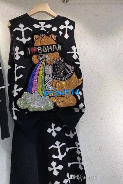 

высокого класса женщины девушки вязать брюки жилет пуловер свитер горячей бурения кристалл медведь толстовка без рукавов шорты бег брюки мод, White