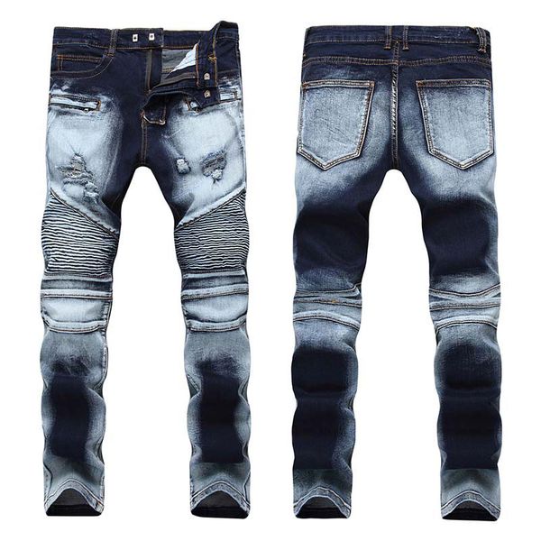 

new mens biker jeans vintage jeans denim knees holes hiphop pants washed ing, Blue