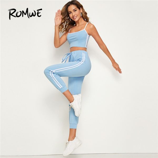 

romwe sport side полосатый cami top и трениках 2 шт набор женщин центр спортивной тренировки crop top осень йога matching наборы