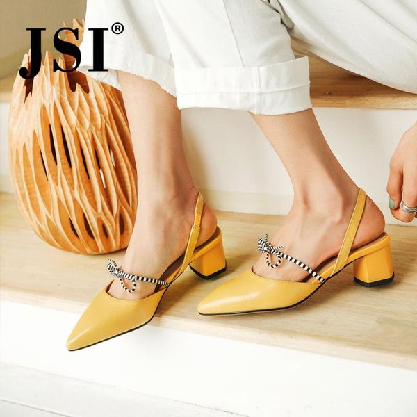 

jsi brand sandals women cow leather shoes woman pointed toe middle square heel hollow design elastic band bowknot sandals jo513, Black
