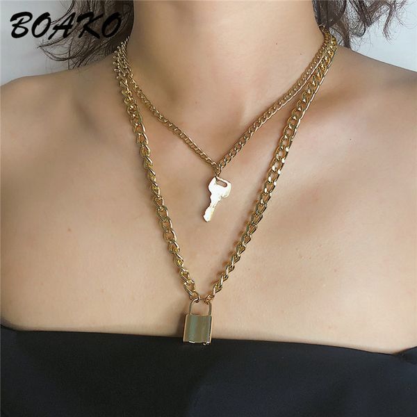 

boako multilayer punk silver chains necklace fashion key padlock pendant necklace women hip hop jewelry curb chain gift