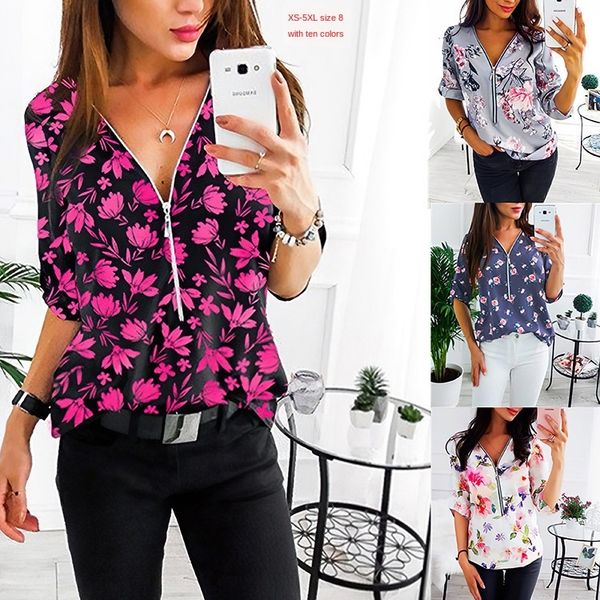 

summer 2020 women's v-neck printed sleeve women summer 2020 women's v-neck printed shirt zipper zipper sleeve shirt women, White