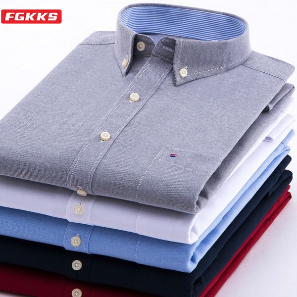 

fgkks autumn new men casual shirt solid color oxford washed shirt men's slim youth trend long sleeve male, White;black