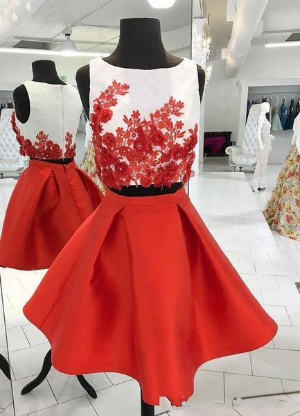 Branco Vermelho Curto Prom Homecoming Vestidos 2019 Contas de Renda De Lantejoulas A linha de cetim Graduação Doce 15 Vestido Formal Do Partido vestido de Coquetel Barato