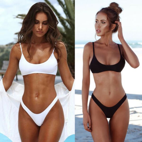 

2019 women solid swimsuits set push up padded swimwear low waist swimsuits female bathing suit, White