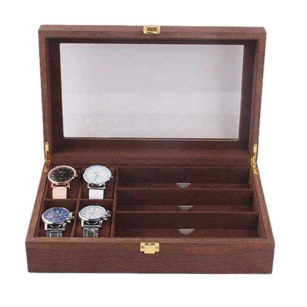 

grids retro wooden watch display case durable packaging holder jewelry collection storage watch organizer box casket walnut, Black;blue