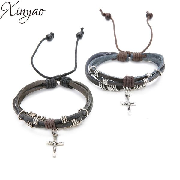 

xinyao 2019 genuine leather bracelet for women mens bracelets cross charm hand cuff bracelets bangles male jewelry, Golden;silver