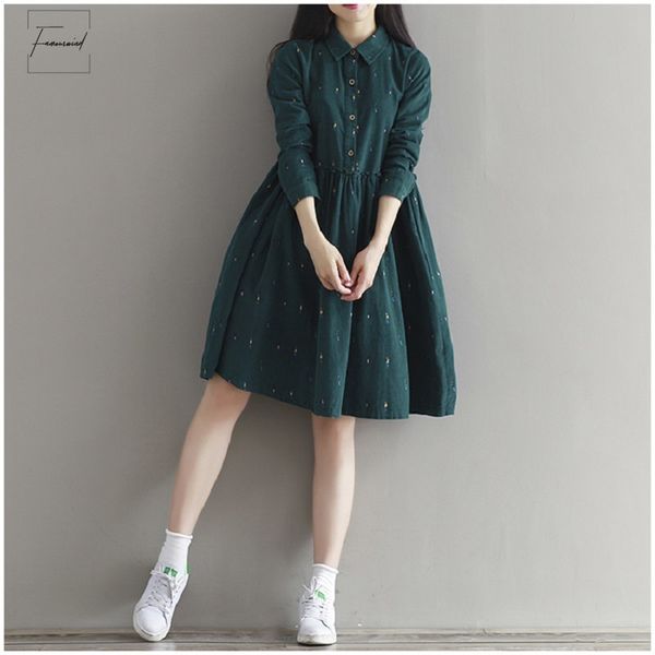 

vintage full dress women 2019 loose turn down collar character sleeve casual vestidos femininos green lady dress designer clothes, Black;gray