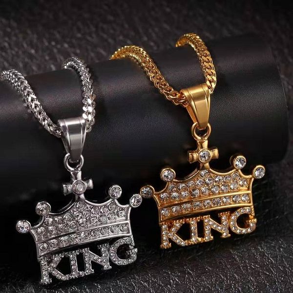 

iced out crown king pendant necklaces for men luxury designer mens bling diamond letter pendants stainless steel cuban link chain necklace, Silver