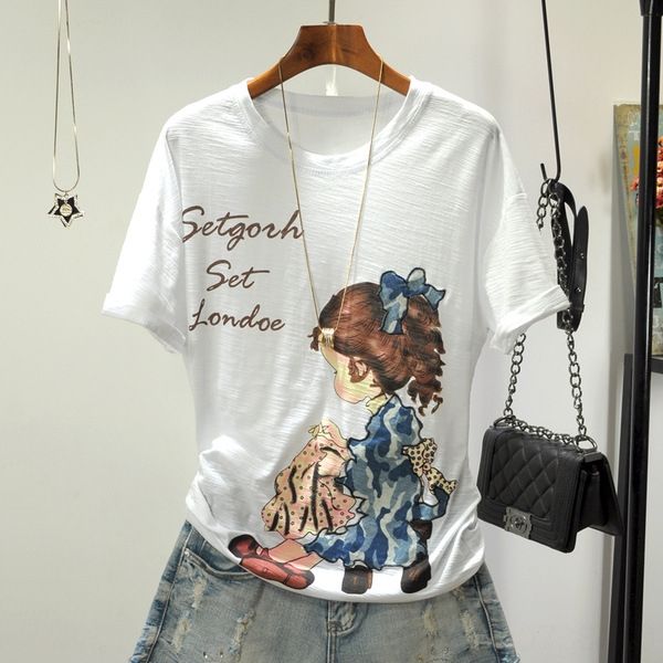 

summer 2020 white short-sleeved printed women's loose all-match base summer 2020 white short-sleeved printed t- t-shirt women's lo