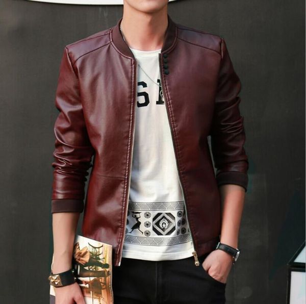 

designer men's leather jacket baseball collar casual pu leather jacket men simple motorcycle leather jacket, Black