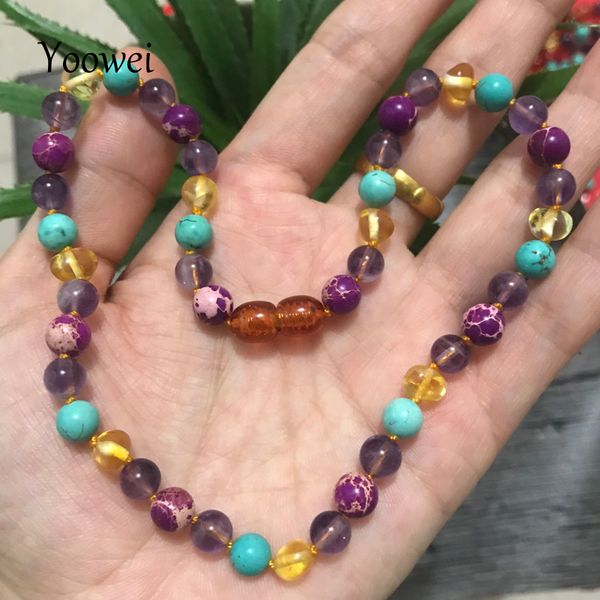 

yoowei baby amber necklace for gift amethyst turquoise natural gemstone jewelry baltic amber necklace bracelet wholesale, Silver