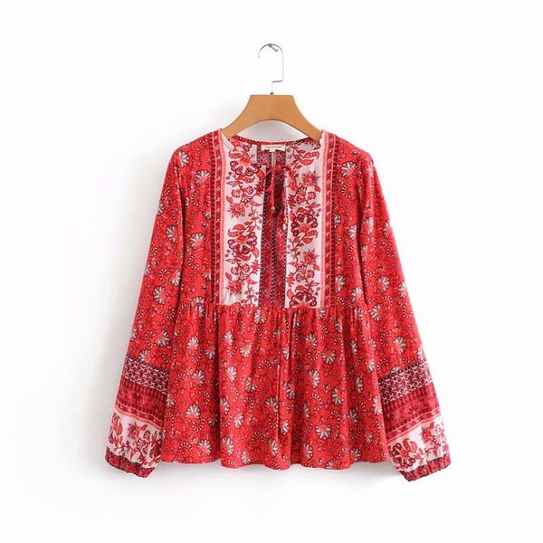 

women's blouses & shirts women holiday wind position flower print casual smock long sleeve lace up bow roupas femininas ls4527, White