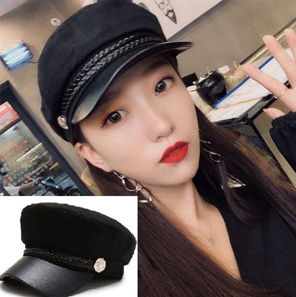 

fashion pu leather hat autumn winter wool sailor hat for women men black flat travel beret captain cap, Blue;gray