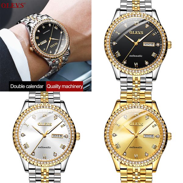 

olevs men luxury mechanical movement watches calendar display luminous analogue wristwatches butterfly double buckle waterproof watch gift, Slivery;brown