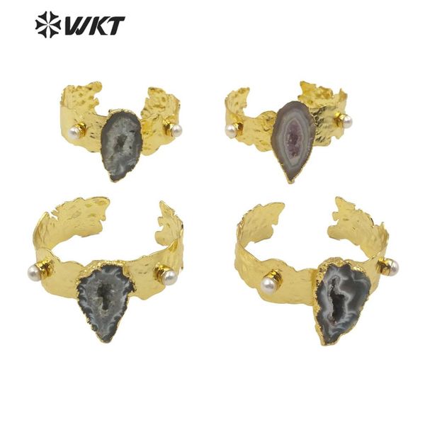 

wt-b514 new arrival natural stone bracelet geode a gate with irregular gold electroplated bangle adjustable woman fashion jewel, Black