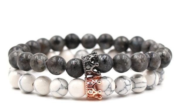 

8mm 2pcs/set hfhg3 elastic adjusted nature white howlite bead micro pave cz zircon cubic zirconia crown bracelet, Black