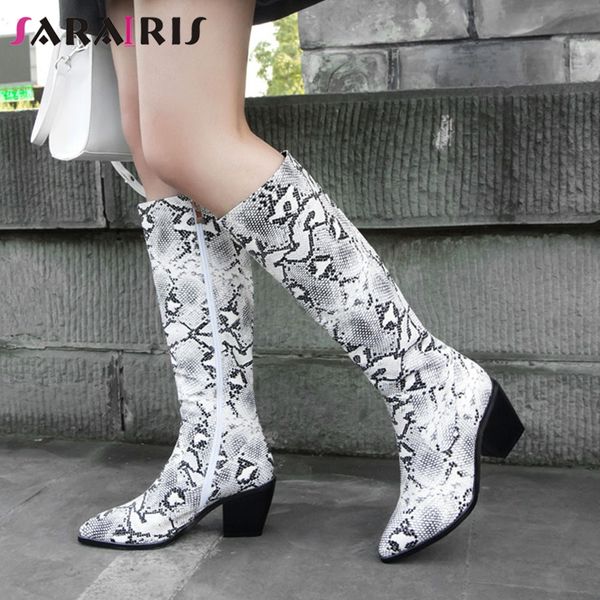 

sarairis new fashion big size 34-44 snake veins ladies high heels pointed toe shoes woman casual party autumn mid calf boots, Black