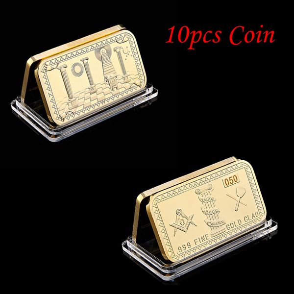 

10pcs lot asons masonic challenge coin golden bar 999 fine gold plated clad 3d design with case cover