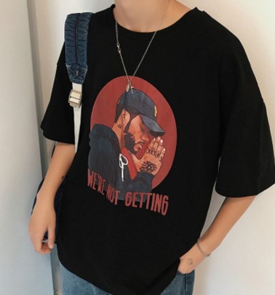 

2019summer fashion short-sleeved t-shirt male men loose fat big size cotton trend hip-hop t-shirt, White;black