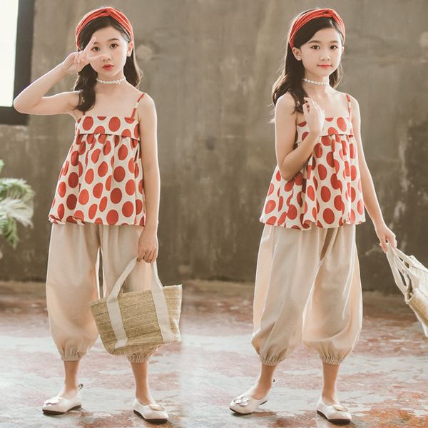 

девушка носить наряды новый летний детский костюм сексуальный с плеча мода горошек камзол фонарь брюки 2 шт. наборы одежды, White