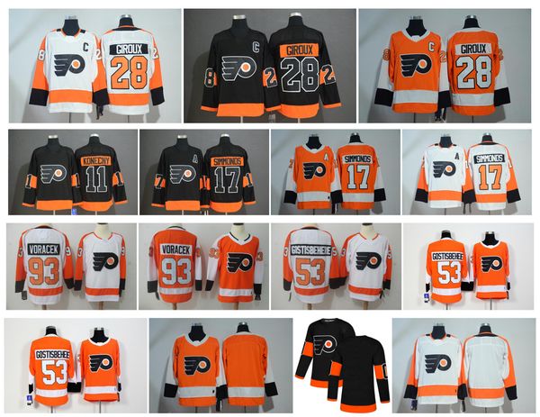 

nhl philadelphia flyers jersey 28 claude giroux 11 travis konecny 53 shayne gostisbehere 17 wayne simmonds 93 jakub voracek orange hockey, Black;red