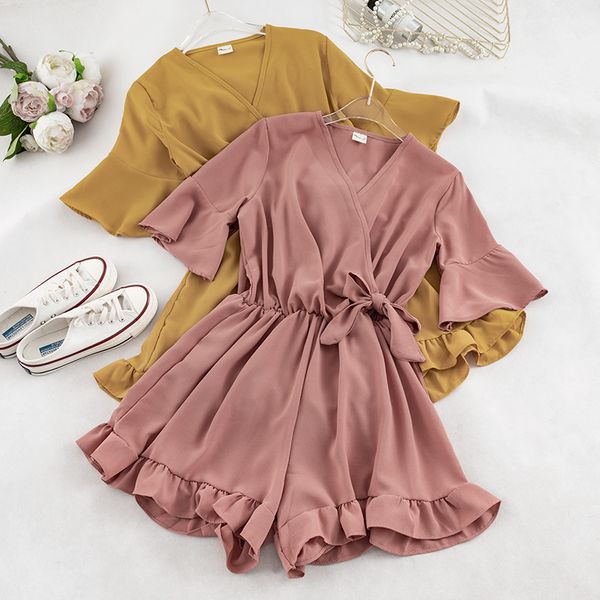 

2019 summer flare sleeves women chiffon playsuits wide leg causal bohemian summer holiday rompers, Black;white