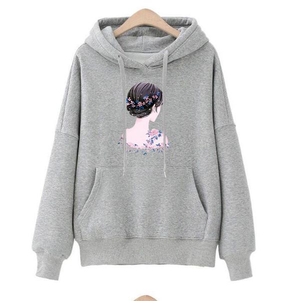 

feitong women sweatshirt hoodies harajuku long sleeve printed autumn casual hooded pockets drawstring pullovers tracksuit, Black