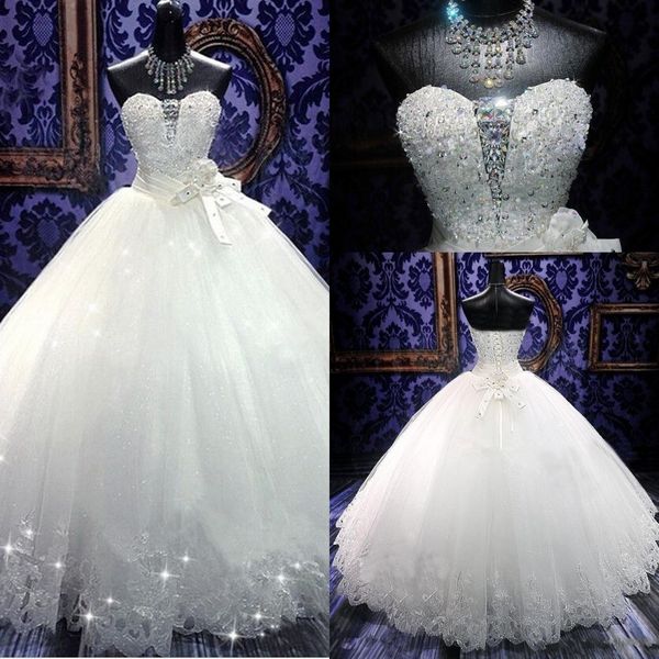 

new vintage ball gown wedding dresses sweetheart sleeveless lace appliques crystal beaded pearls floor length bow formal bridal gowns, White