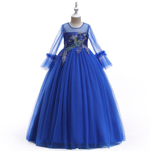 

floor length long sleeves o neck tulle flower girls dresses beaded applique girl dress for wedding party girls long frocks, White;blue