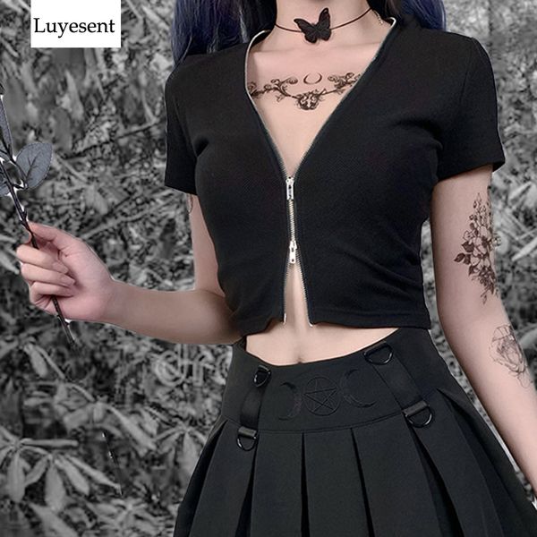 

black dark goth women short t-shirts 2020 lady cool deep v neck tight tshirt gothic punk zippers hipster hip-hop basic top, White