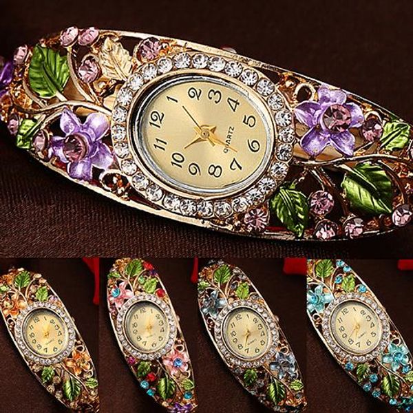 

vintage women watch lady clock crystal colored flower bangle bracelet watch analog quartz openwork diamond reloj mujer, Slivery;brown