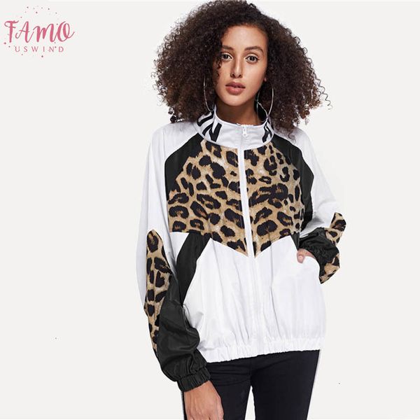 

letter and leopard print jacket 2019 casual white colorblock spring autumn outer zipper stand collar long sleeve coat, Tan;black